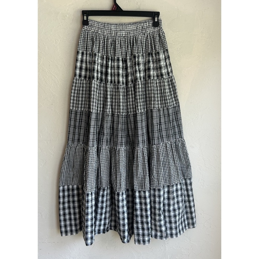 Vintage Vrg Sport Tiered Patchwork Maxi Skirt S Gingham Grunge Boho Cottagecore